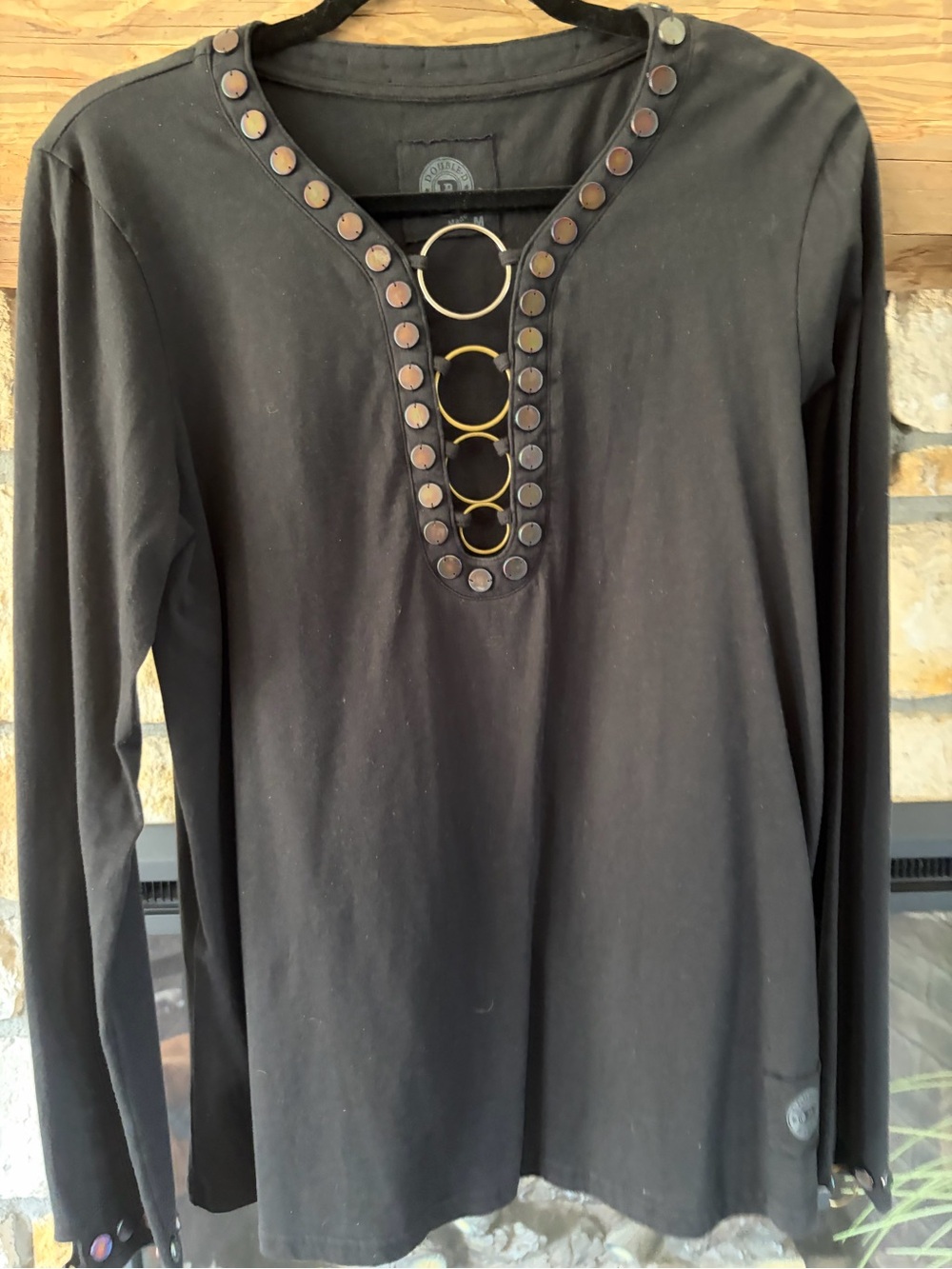 Double D Ranch Black Long-Sleeve Top with Brushed Gold Ring Detail Wakoma Wander